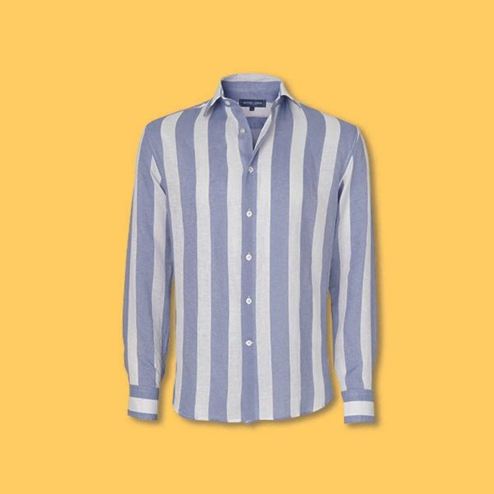 Classic Linen Blue and White Striped Men's Shirt Large